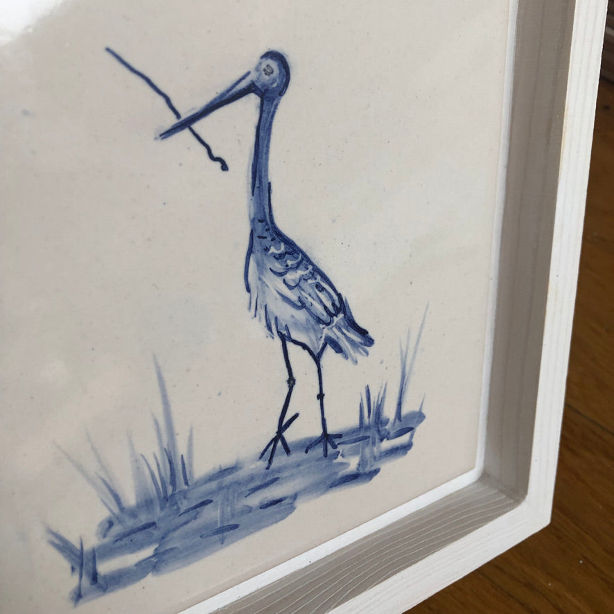 Stork bird Handpainted azulejo glazed ceramic tile 15 cm x 15 cm /  Kézműves csempe