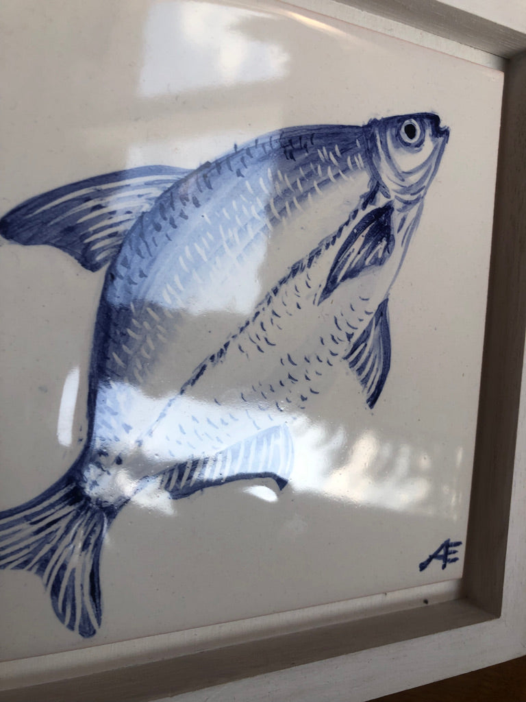 Fish motif Azulejo Handpainted Tile 15 cm x 15 cm/ Kézműves csempe