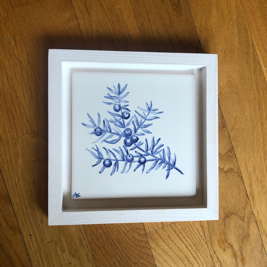 Juniper Handpainted azulejo glazed ceramic tile 15 cm x 15 cm /  Kézműves csempe