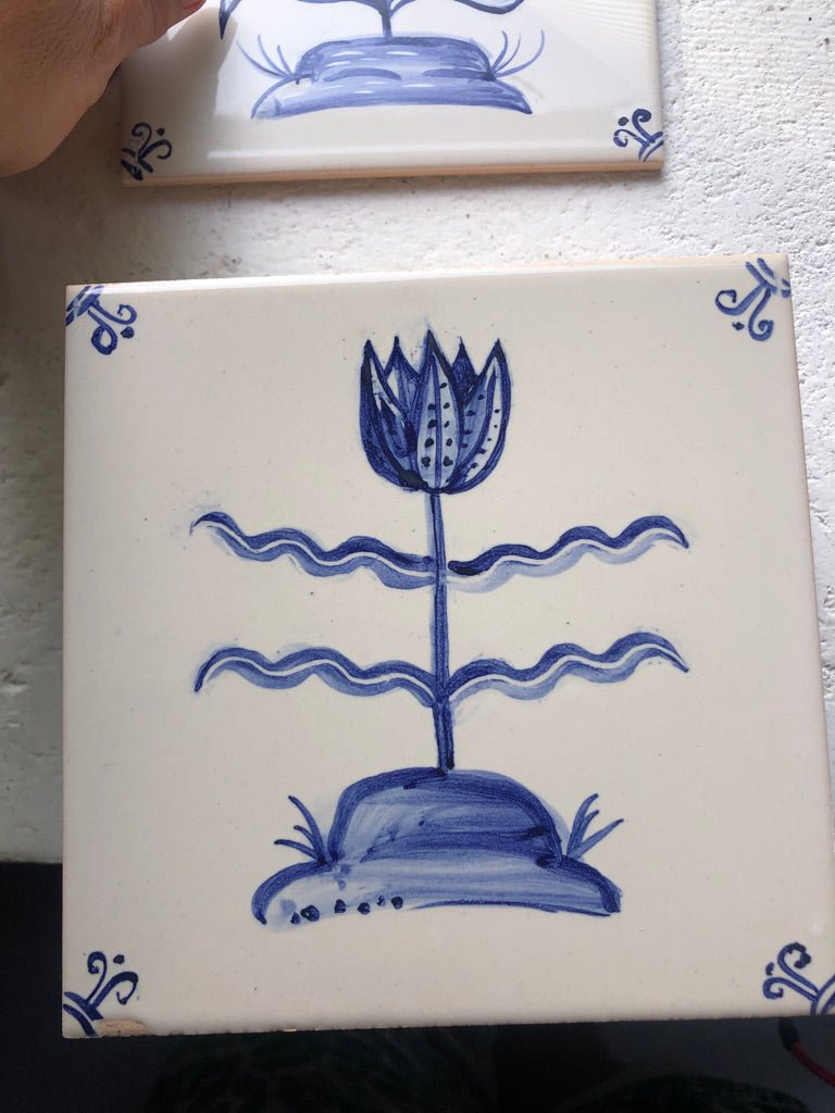 Flower motif Handpainted azulejo glazed ceramic tile mural/ Backsplash /  Kézműves csempefal