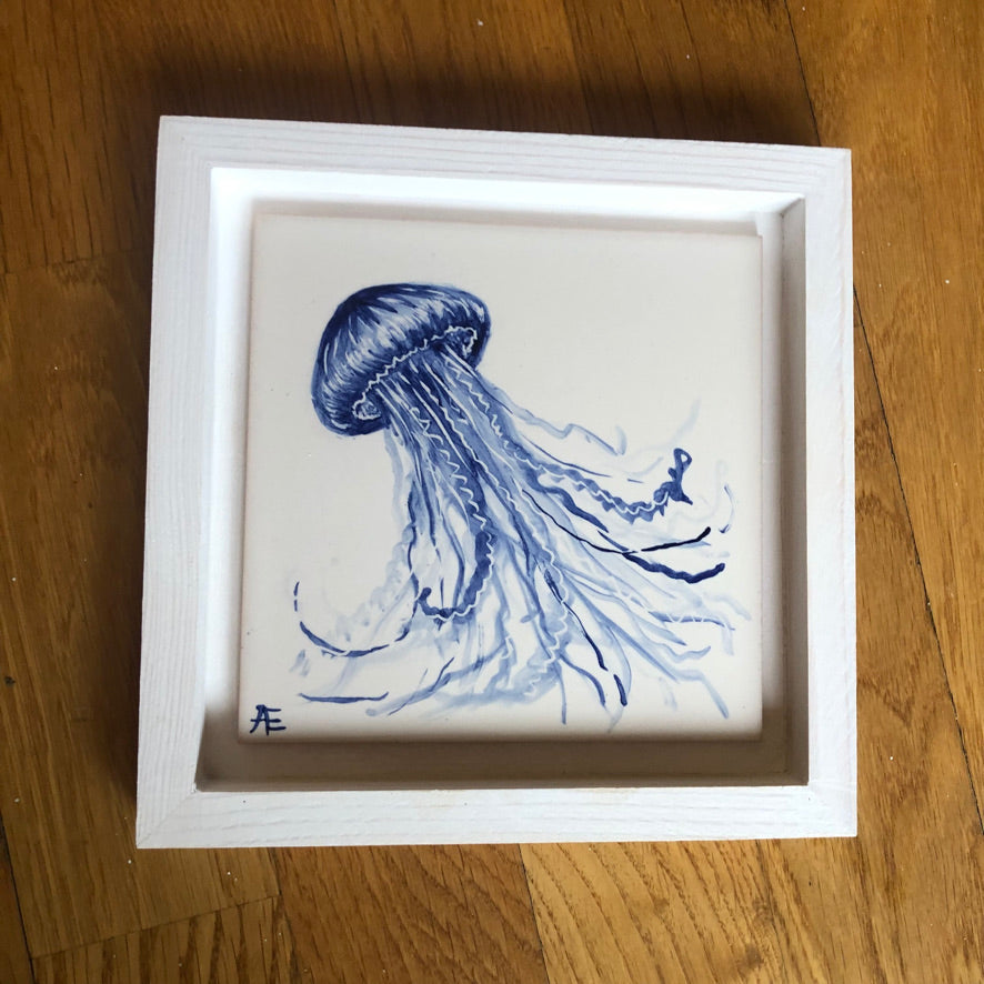 Jellyfish Handpainted azulejo glazed ceramic tile 15 cm x 15 cm /  Kézműves csempe