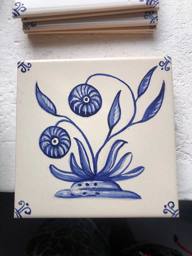 Flower motif Handpainted azulejo glazed ceramic tile mural/ Backsplash /  Kézműves csempefal