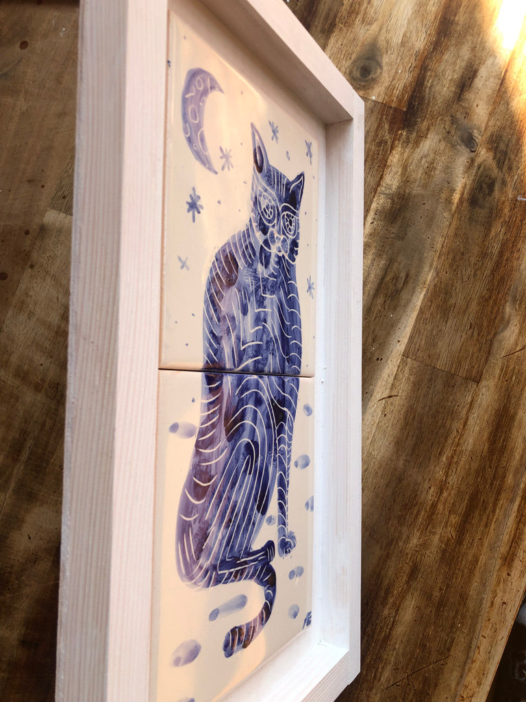 Cat motif Azulejo Handpainted Tile Mural 15 cm x 30 cm / Kézműves csempe