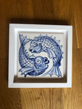 Two fishes Handpainted azulejo glazed ceramic tile 15 cm x 15 cm /  Kézműves csempe