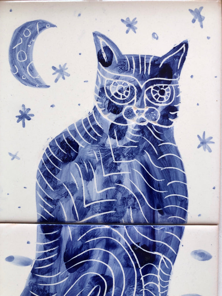 Cat motif Azulejo Handpainted Tile Mural 15 cm x 30 cm / Kézműves csempe