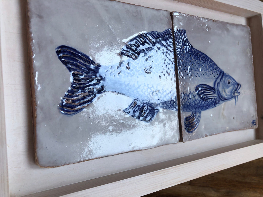 Carp fish motif Azulejo Handpainted Tile Mural 15 cm x 30 cm/ Kézműves csempe