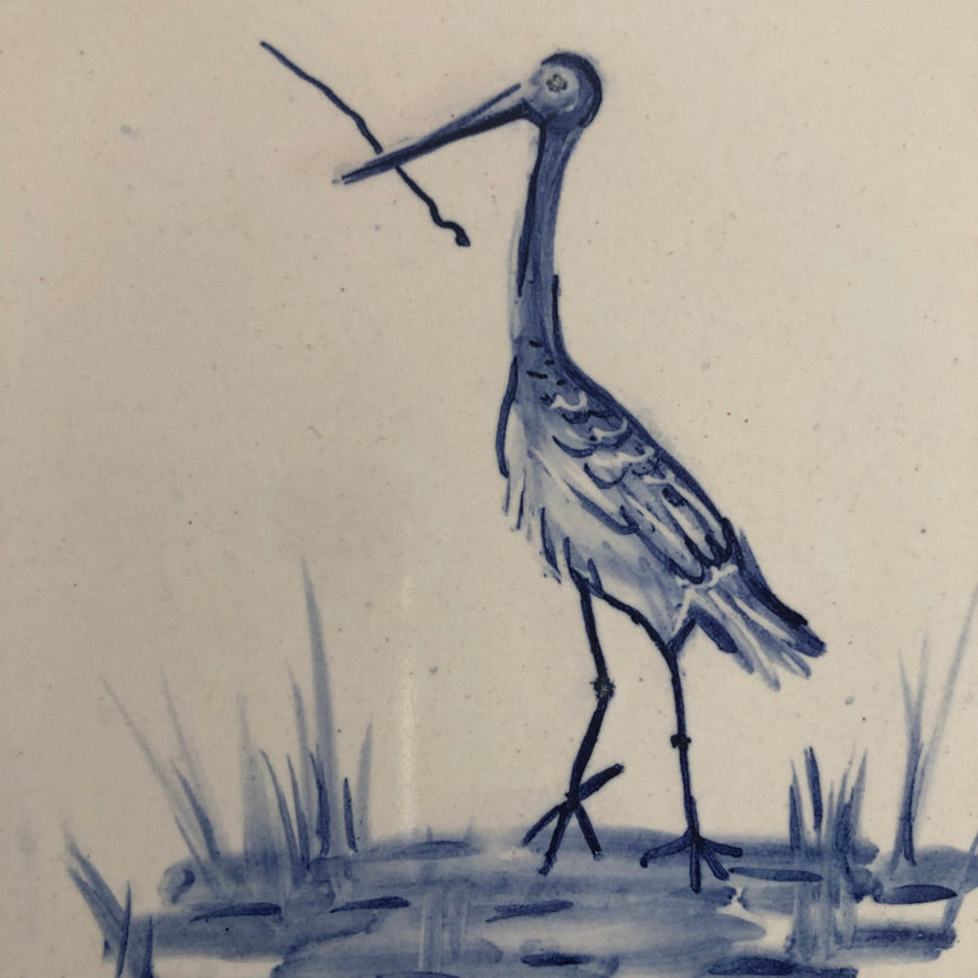 Stork bird Handpainted azulejo glazed ceramic tile 15 cm x 15 cm /  Kézműves csempe