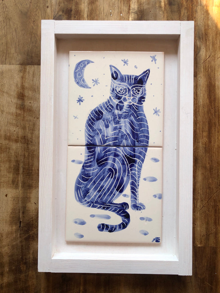 Cat motif Azulejo Handpainted Tile Mural 15 cm x 30 cm / Kézműves csempe