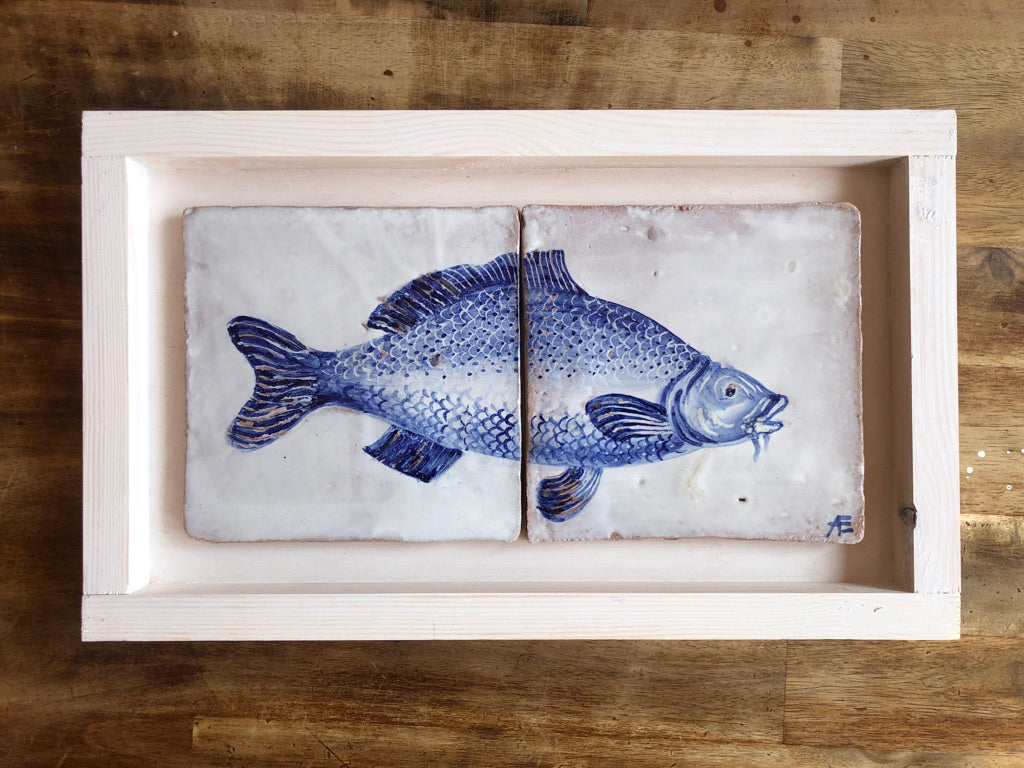 Carp fish motif Azulejo Handpainted Tile Mural 15 cm x 30 cm/ Kézműves csempe