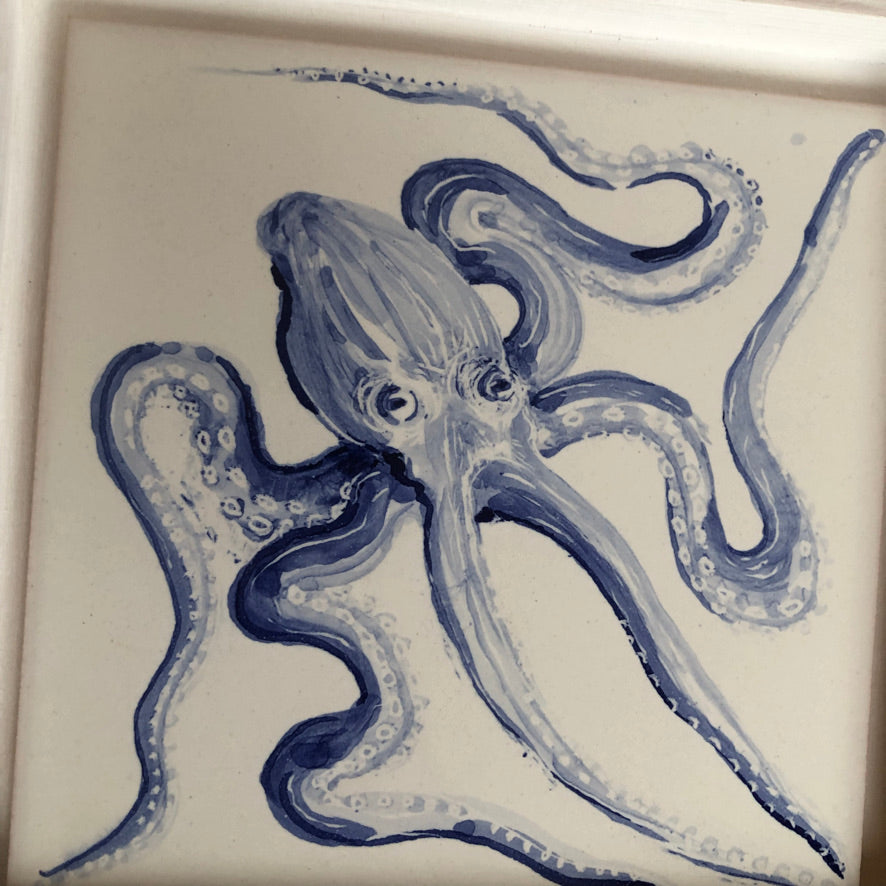 Octopus Handpainted azulejo glazed ceramic tile 15 cm x 15 cm /  Kézműves csempe