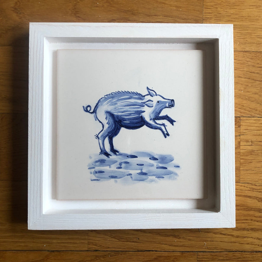 Wildboar motif Azulejo Handpainted Tile 15 cm x 15 cm/  Kézműves csempe