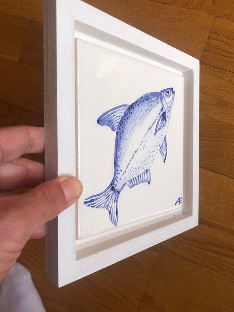 Fish motif Azulejo Handpainted Tile 15 cm x 15 cm/ Kézműves csempe
