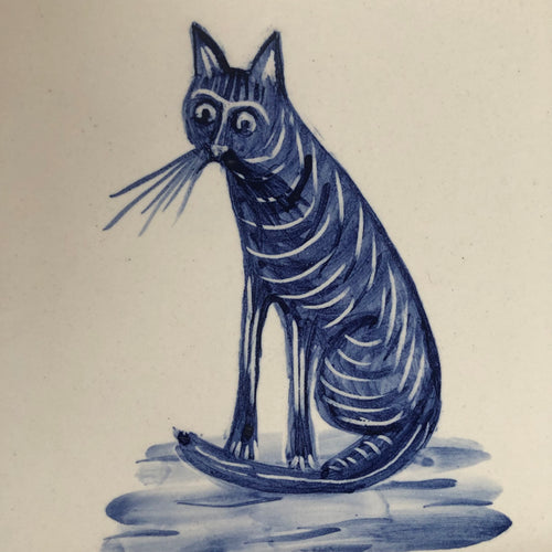 Cat motif Azulejo Handpainted Tile 15 cm x 15 cm /  Kézműves csempe