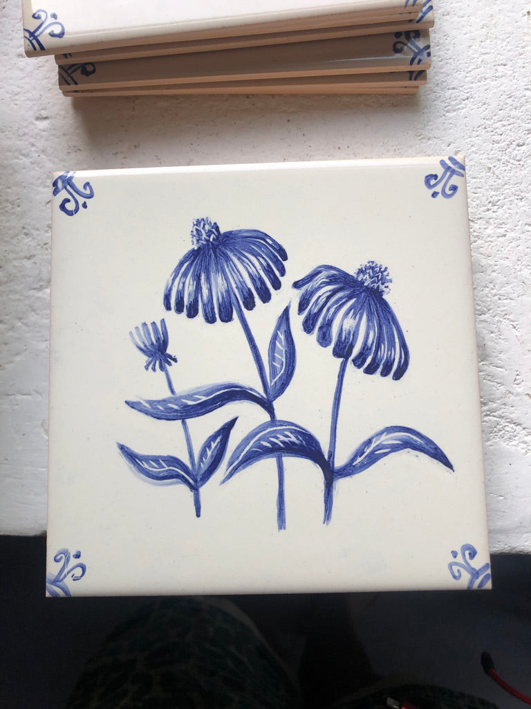 Flower motif Handpainted azulejo glazed ceramic tile mural/ Backsplash /  Kézműves csempefal