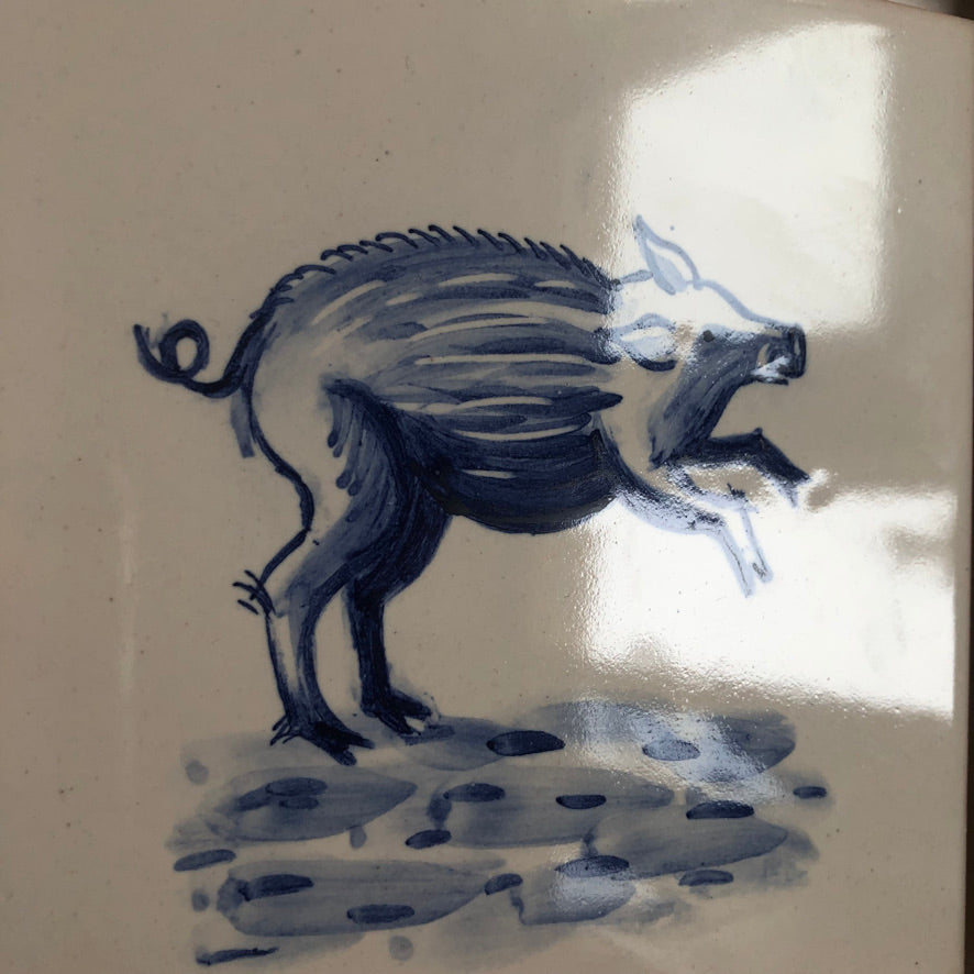 Wildboar motif Azulejo Handpainted Tile 15 cm x 15 cm/  Kézműves csempe