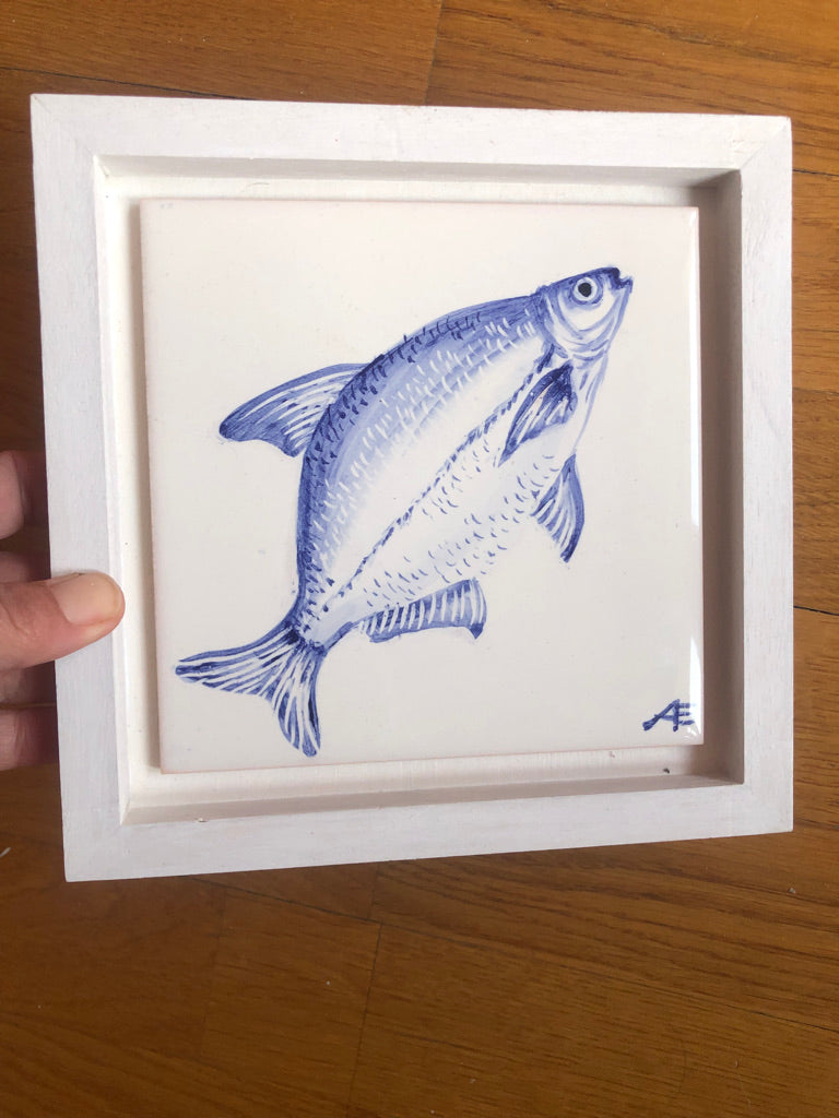 Fish motif Azulejo Handpainted Tile 15 cm x 15 cm/ Kézműves csempe