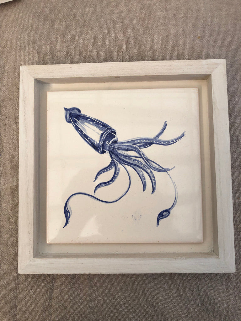 Squid Handpainted azulejo glazed ceramic tile 15 cm x 15 cm /  Kézműves csempe