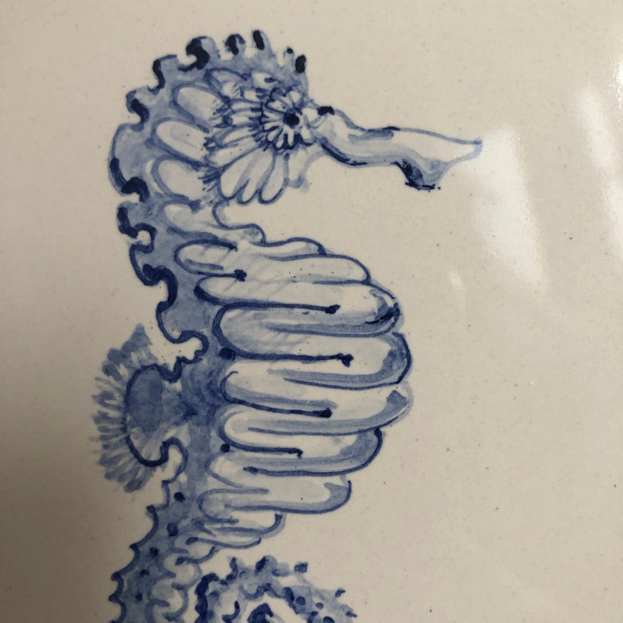 Seahorse motif Azulejo Handpainted Tile 15 cm x 15 cm /  Kézműves csempe