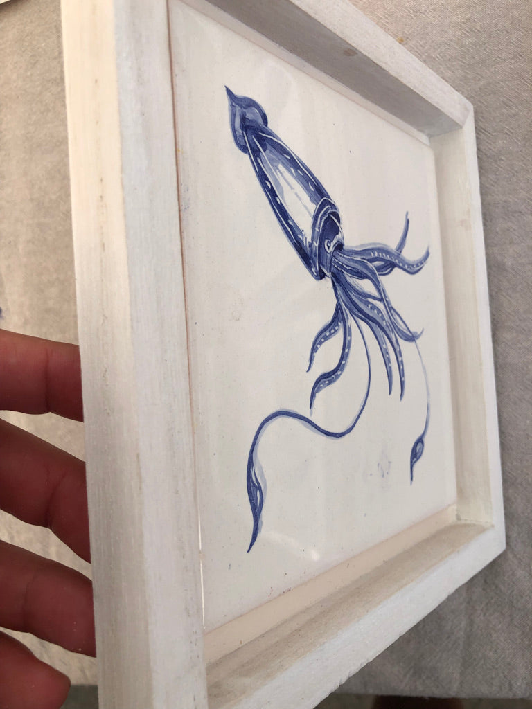 Squid Handpainted azulejo glazed ceramic tile 15 cm x 15 cm /  Kézműves csempe