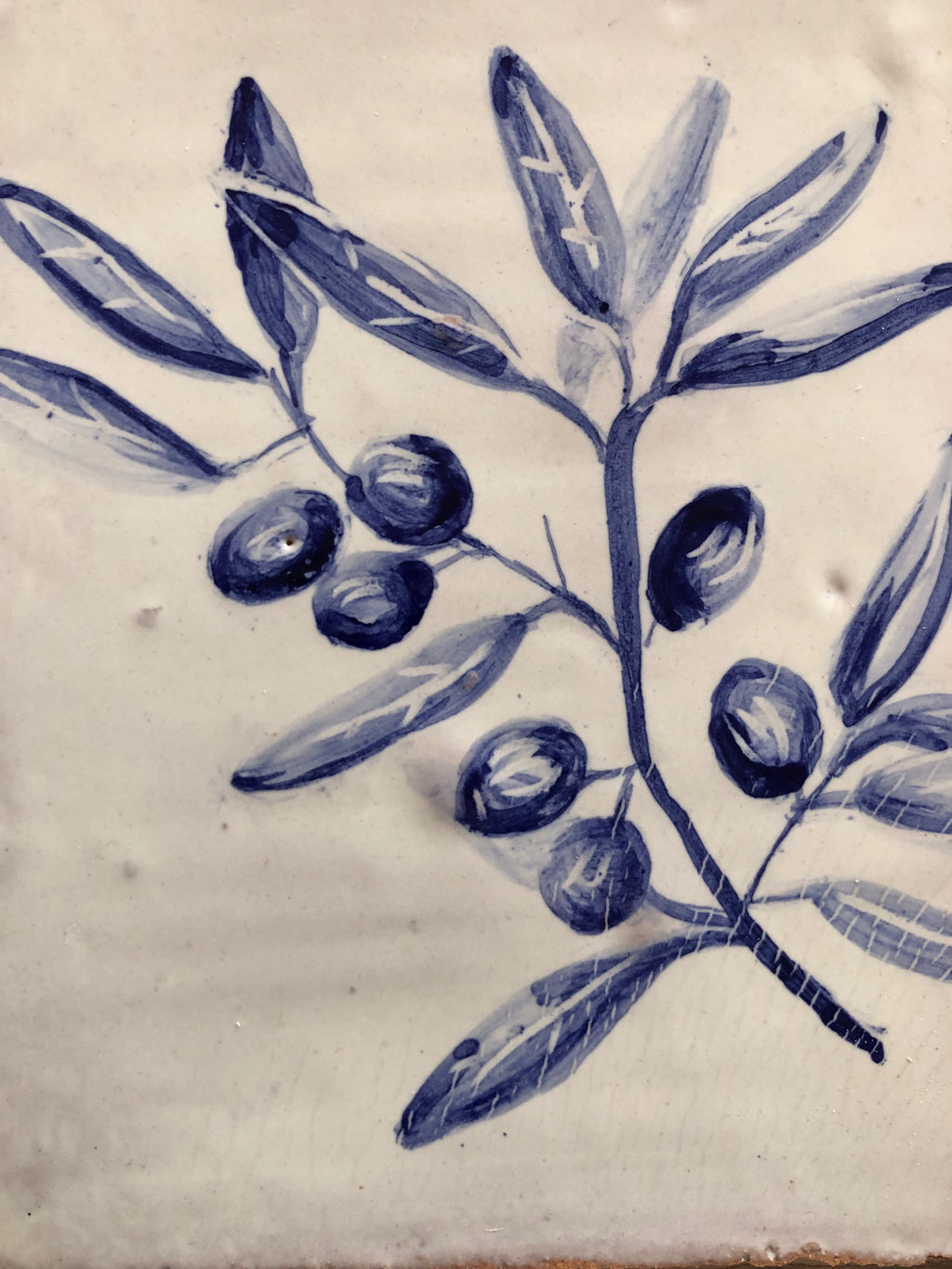 Olive branch Handpainted azulejo glazed ceramic tile 15 cm x 15 cm /  Kézműves csempe
