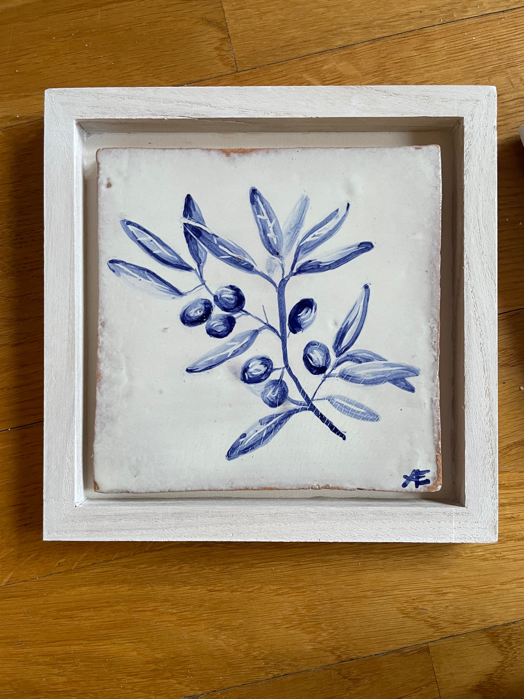 Olive branch Handpainted azulejo glazed ceramic tile 15 cm x 15 cm /  Kézműves csempe