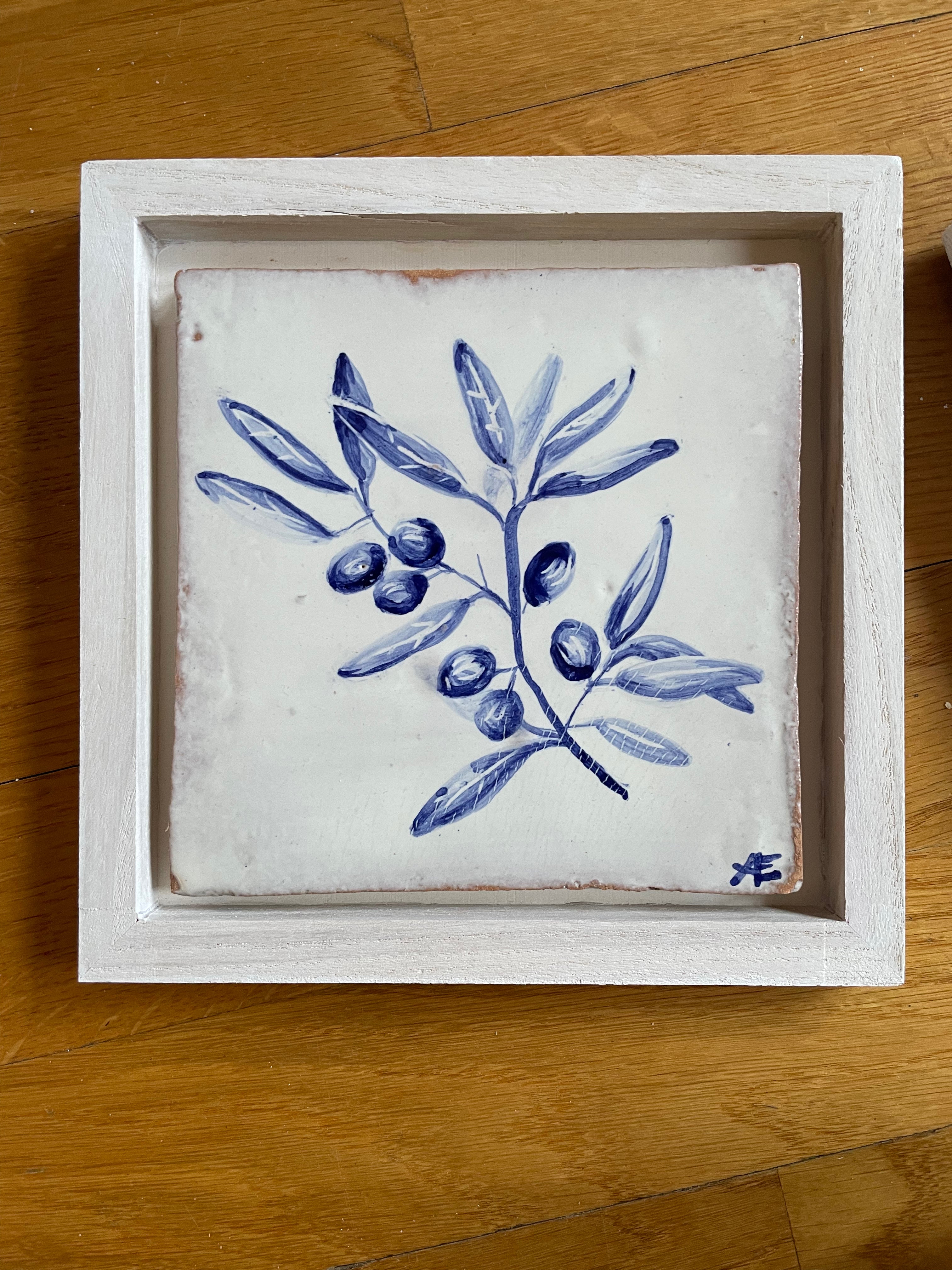 Olive branch Handpainted azulejo glazed ceramic tile 15 cm x 15 cm