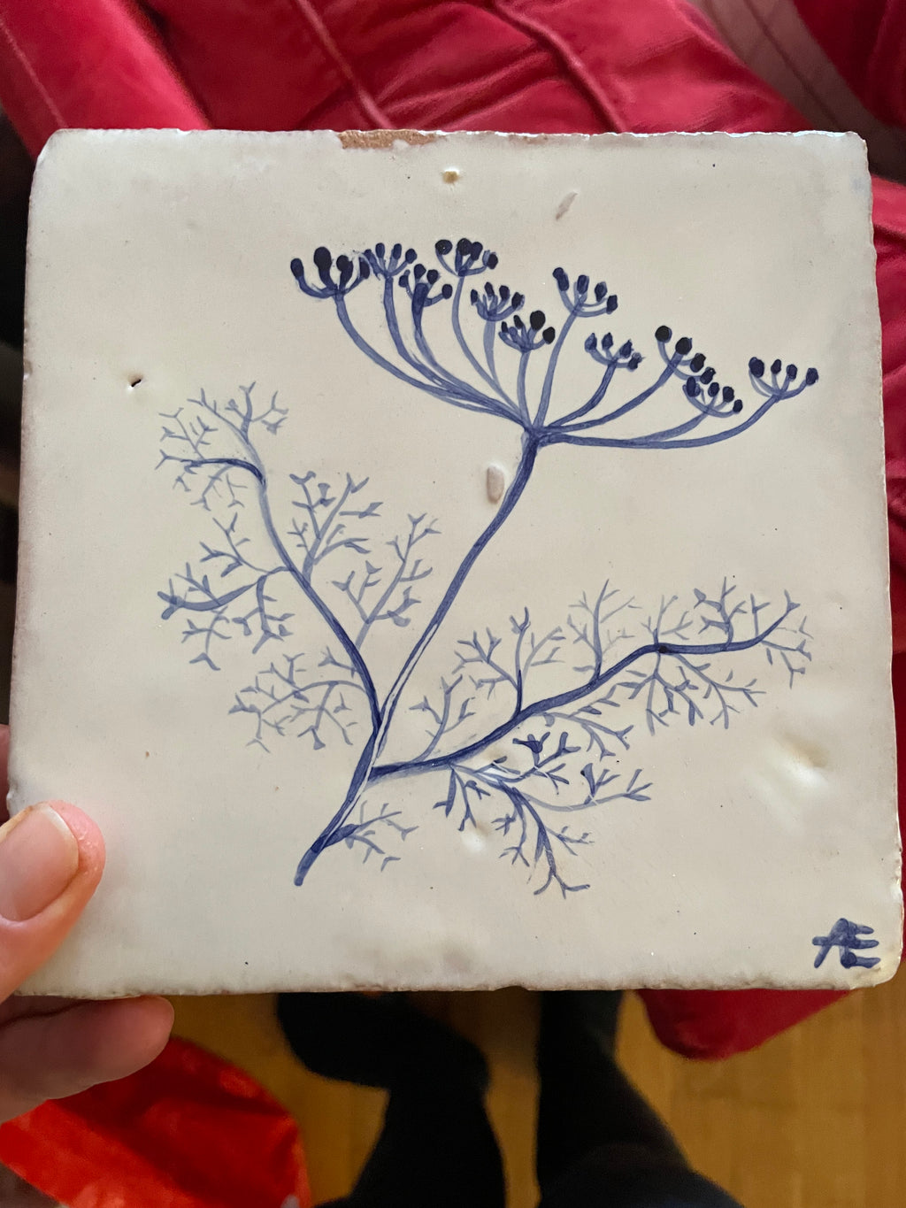 Fennel Handpainted azulejo glazed ceramic tile 15 cm x 15 cm
