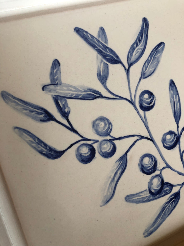 Olive branch Handpainted azulejo glazed ceramic tile 15 cm x 15 cm /  Kézműves csempe
