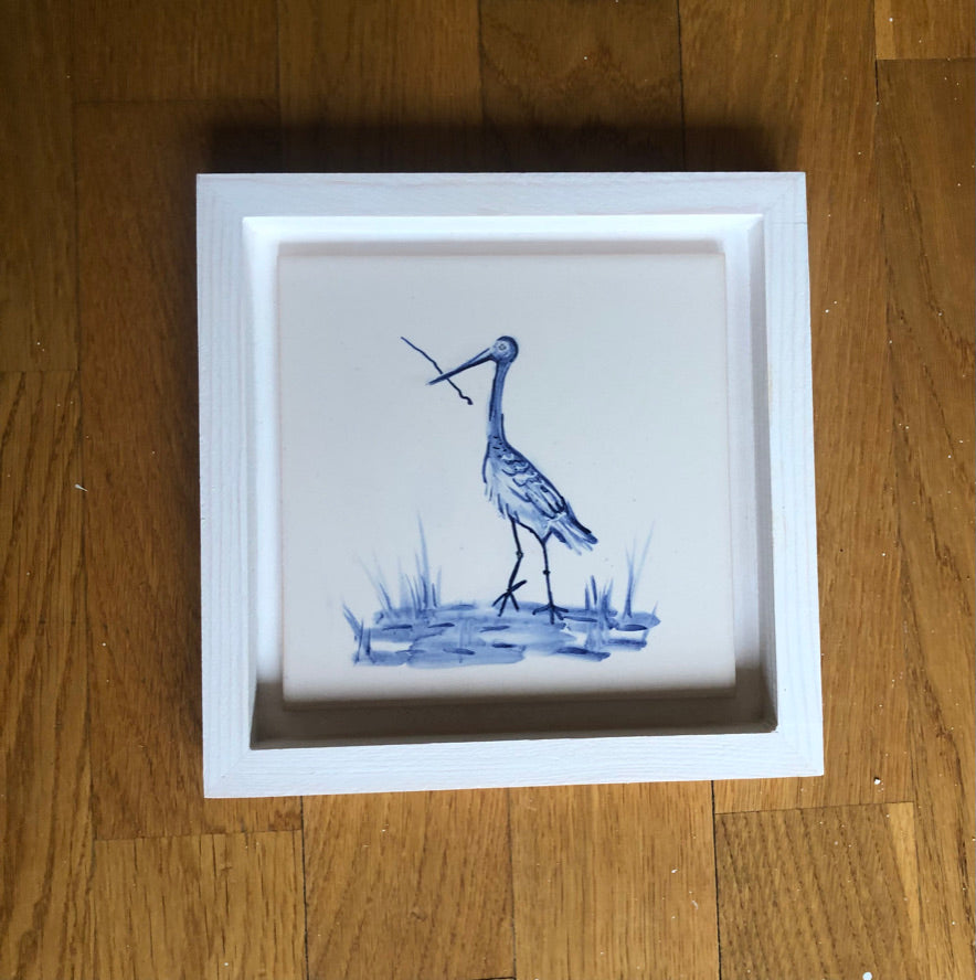 Stork bird Handpainted azulejo glazed ceramic tile 15 cm x 15 cm /  Kézműves csempe