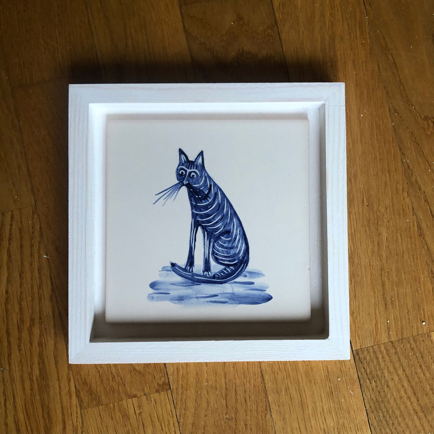 Cat motif Azulejo Handpainted Tile 15 cm x 15 cm /  Kézműves csempe