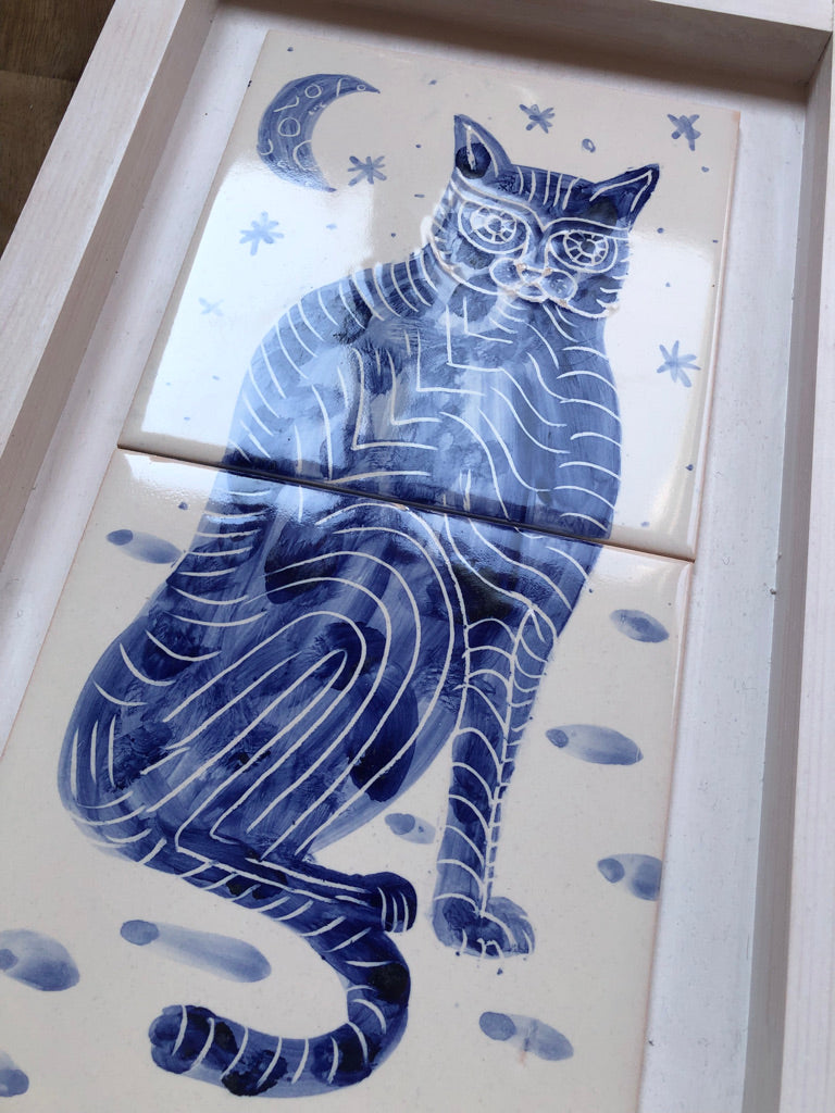 Cat motif Azulejo Handpainted Tile Mural 15 cm x 30 cm / Kézműves csempe