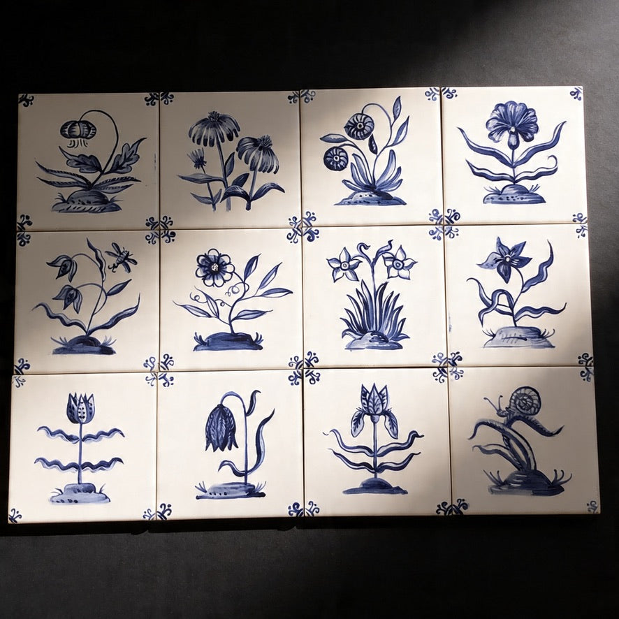 Flower motif Handpainted azulejo glazed ceramic tile mural/ Backsplash /  Kézműves csempefal