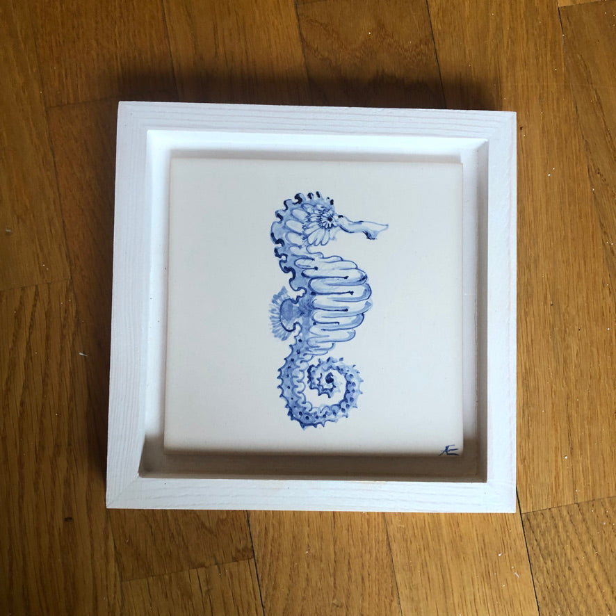 Seahorse motif Azulejo Handpainted Tile 15 cm x 15 cm /  Kézműves csempe