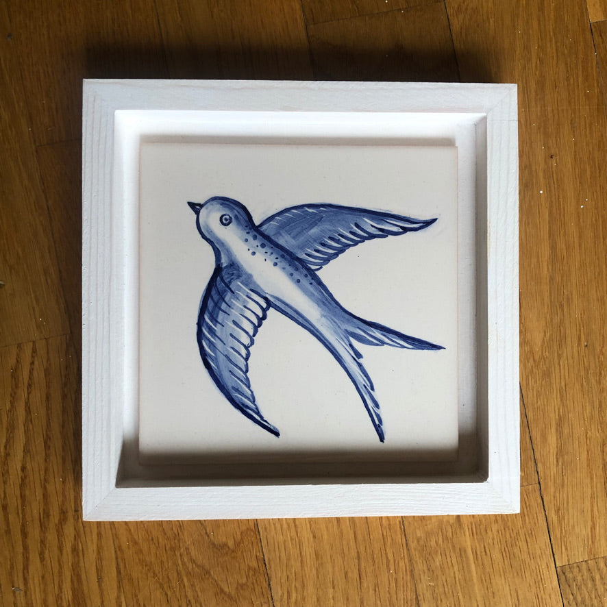 Swallow bird Handpainted azulejo glazed ceramic tile 15 cm x 15 cm /  Kézműves csempe