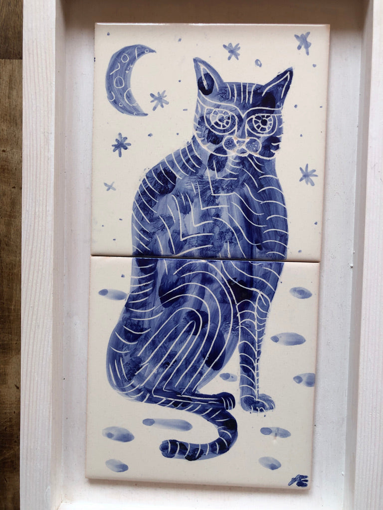 Cat motif Azulejo Handpainted Tile Mural 15 cm x 30 cm / Kézműves csempe