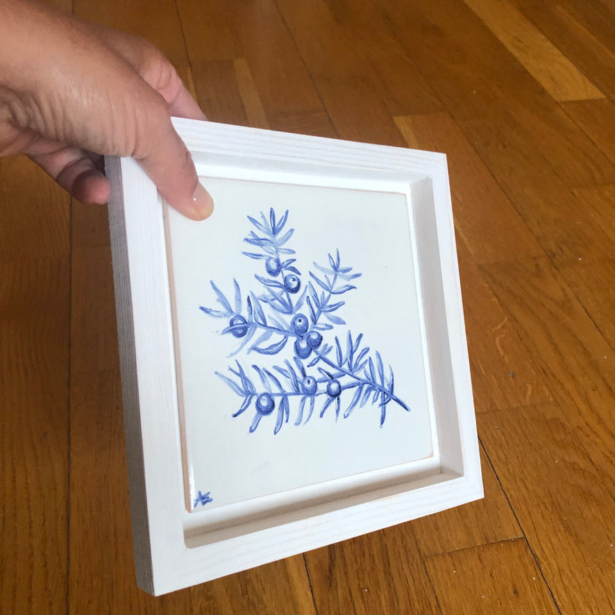 Juniper Handpainted azulejo glazed ceramic tile 15 cm x 15 cm /  Kézműves csempe