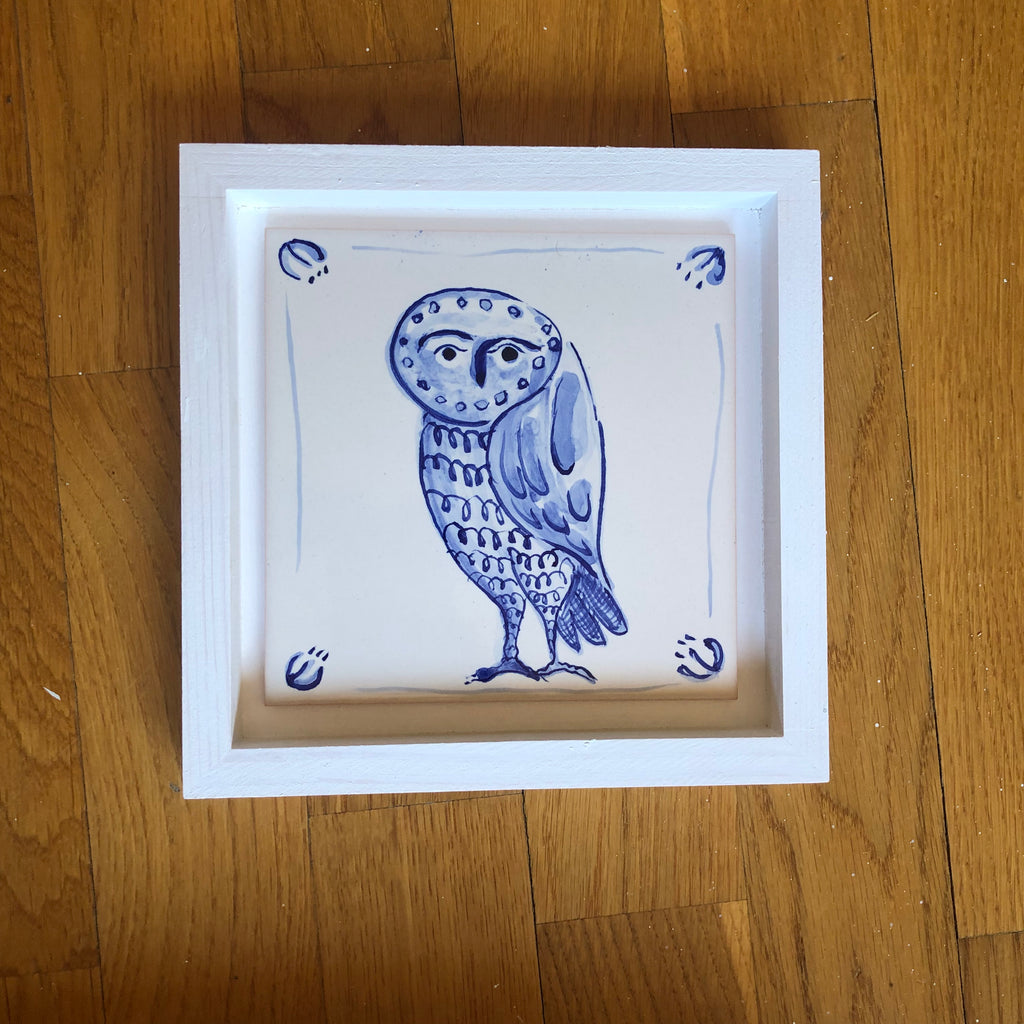 Owl Handpainted azulejo glazed ceramic tile 15 cm x 15 cm /  Kézműves csempe