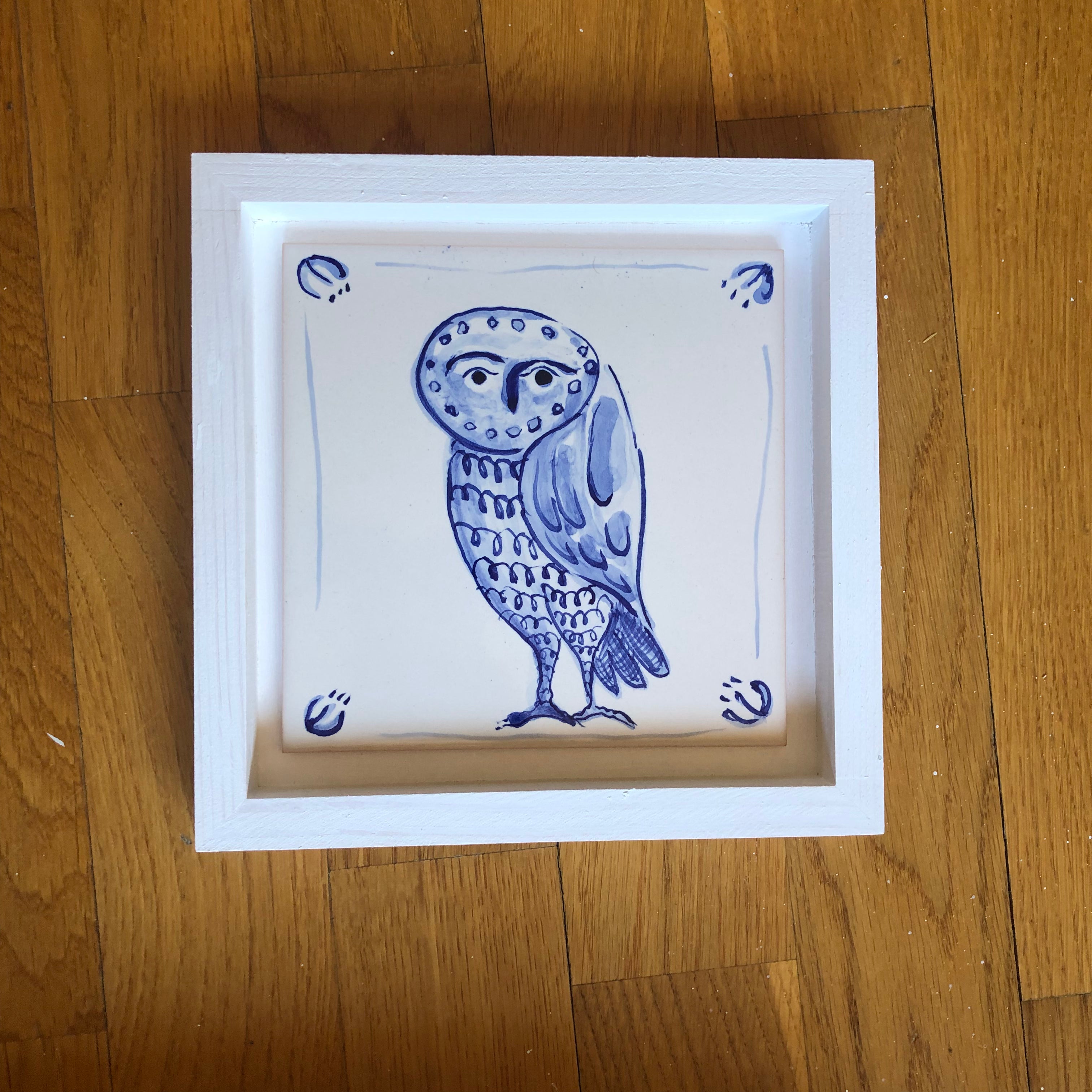 Owl Handpainted azulejo glazed ceramic tile 15 cm x 15 cm /  Kézműves csempe