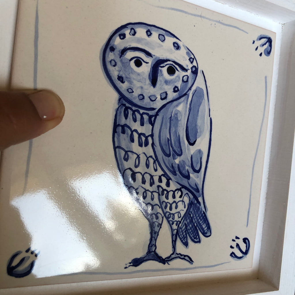 Owl Handpainted azulejo glazed ceramic tile 15 cm x 15 cm /  Kézműves csempe