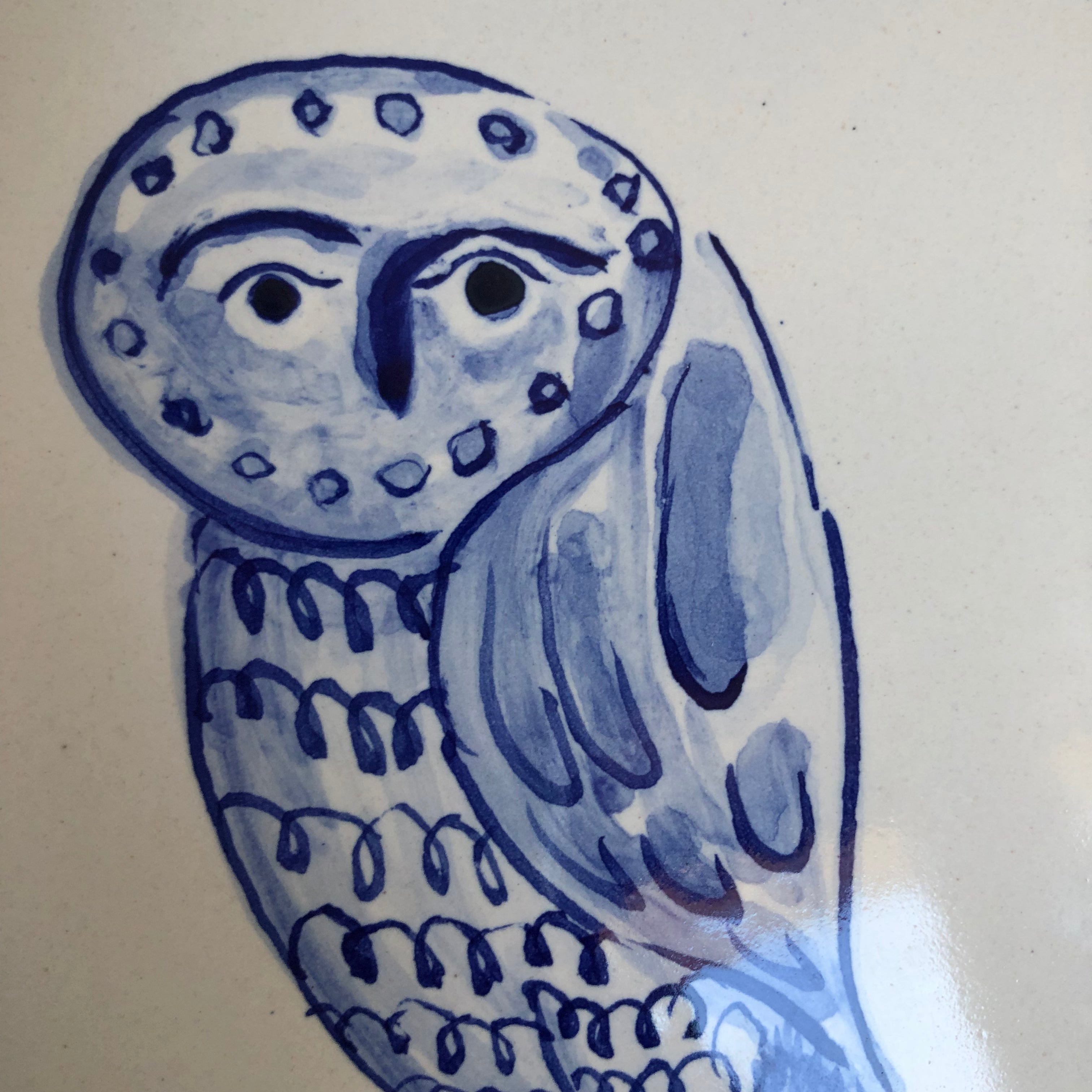 Owl Handpainted azulejo glazed ceramic tile 15 cm x 15 cm /  Kézműves csempe