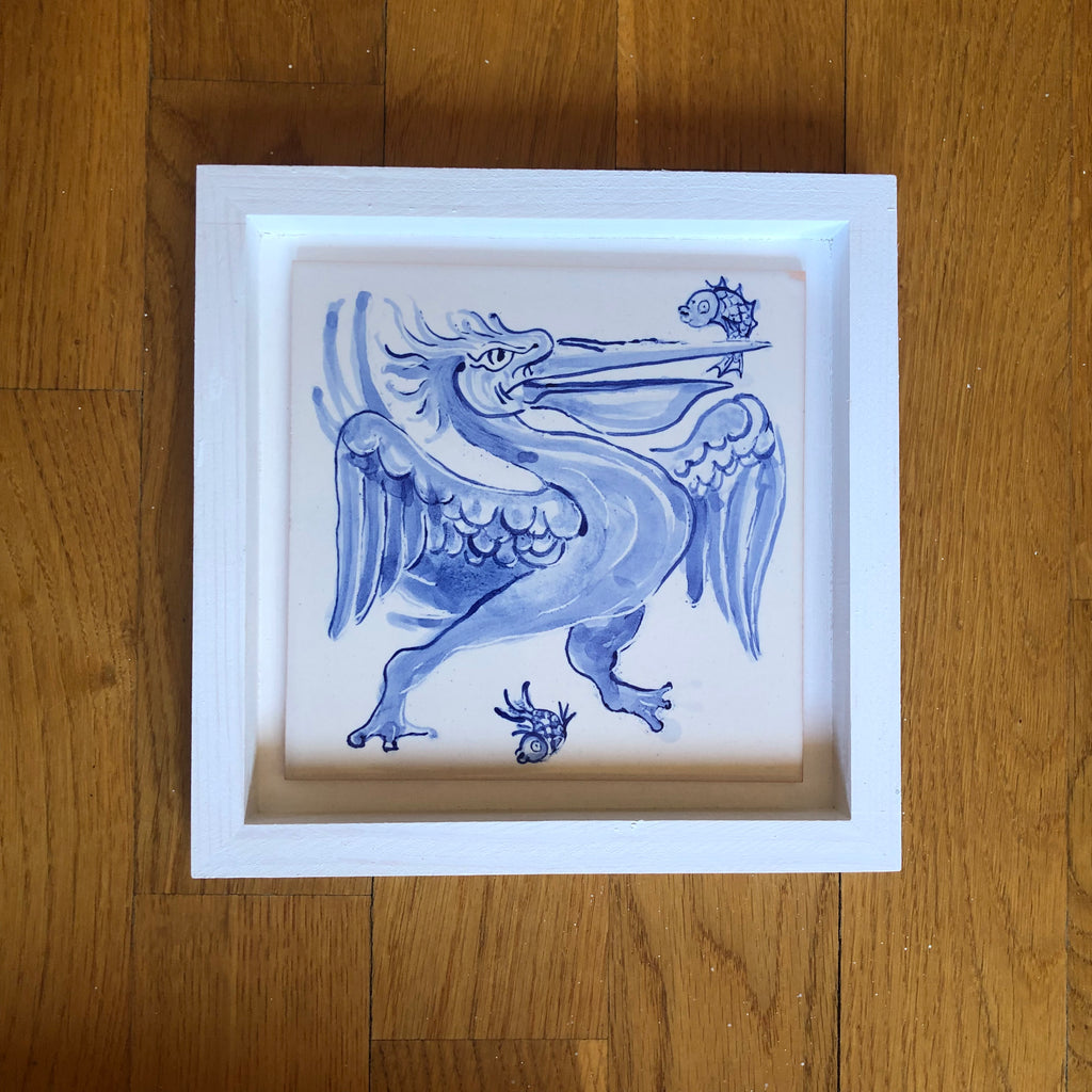Pelican Handpainted azulejo glazed ceramic tile 15 cm x 15 cm /  Kézműves csempe