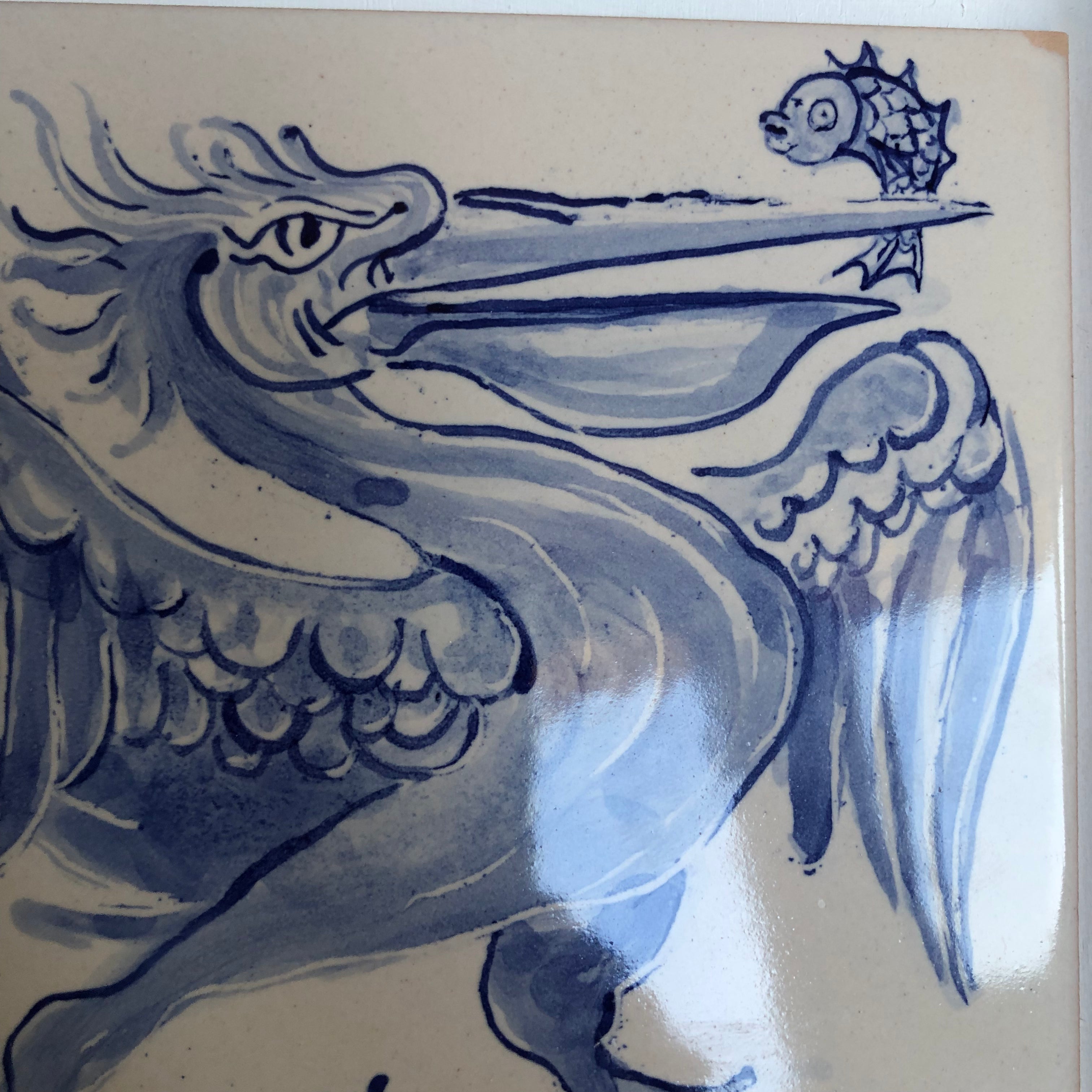 Pelican Handpainted azulejo glazed ceramic tile 15 cm x 15 cm /  Kézműves csempe