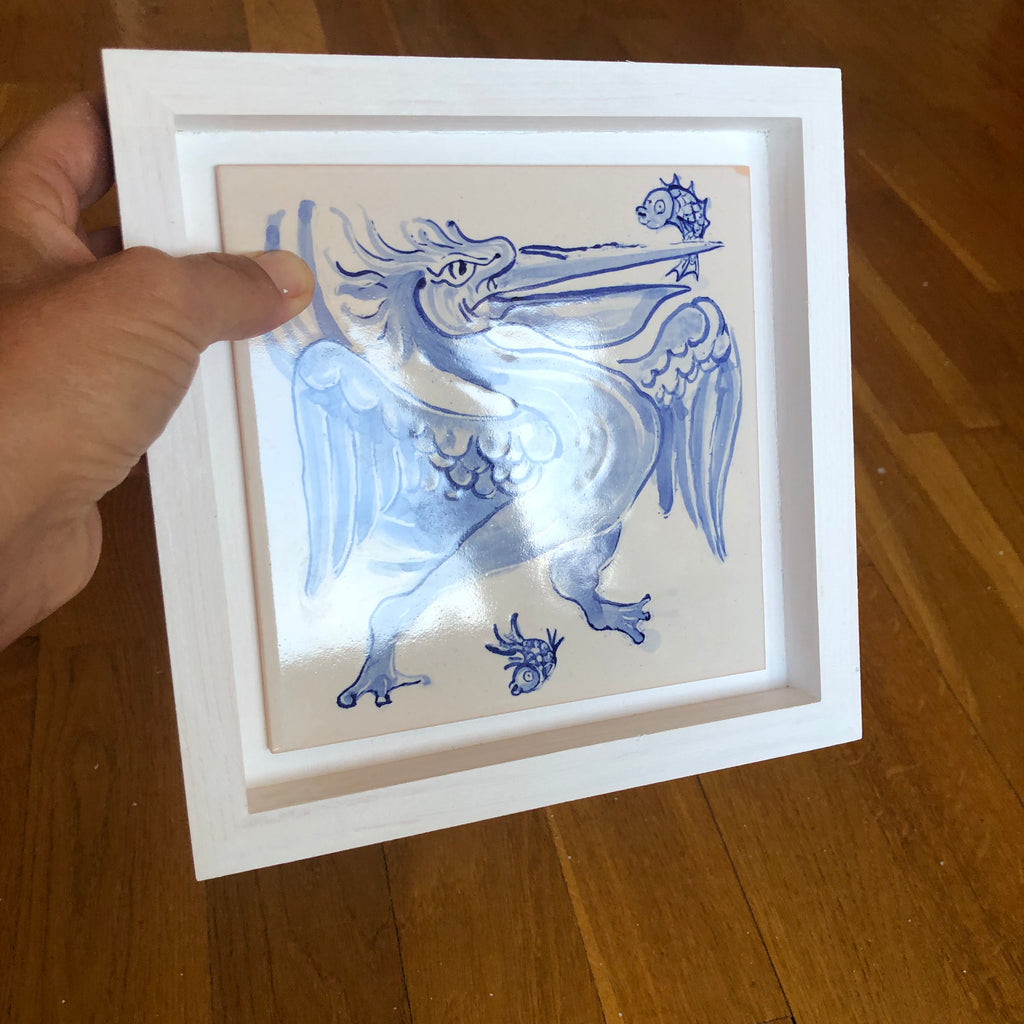 Pelican Handpainted azulejo glazed ceramic tile 15 cm x 15 cm /  Kézműves csempe