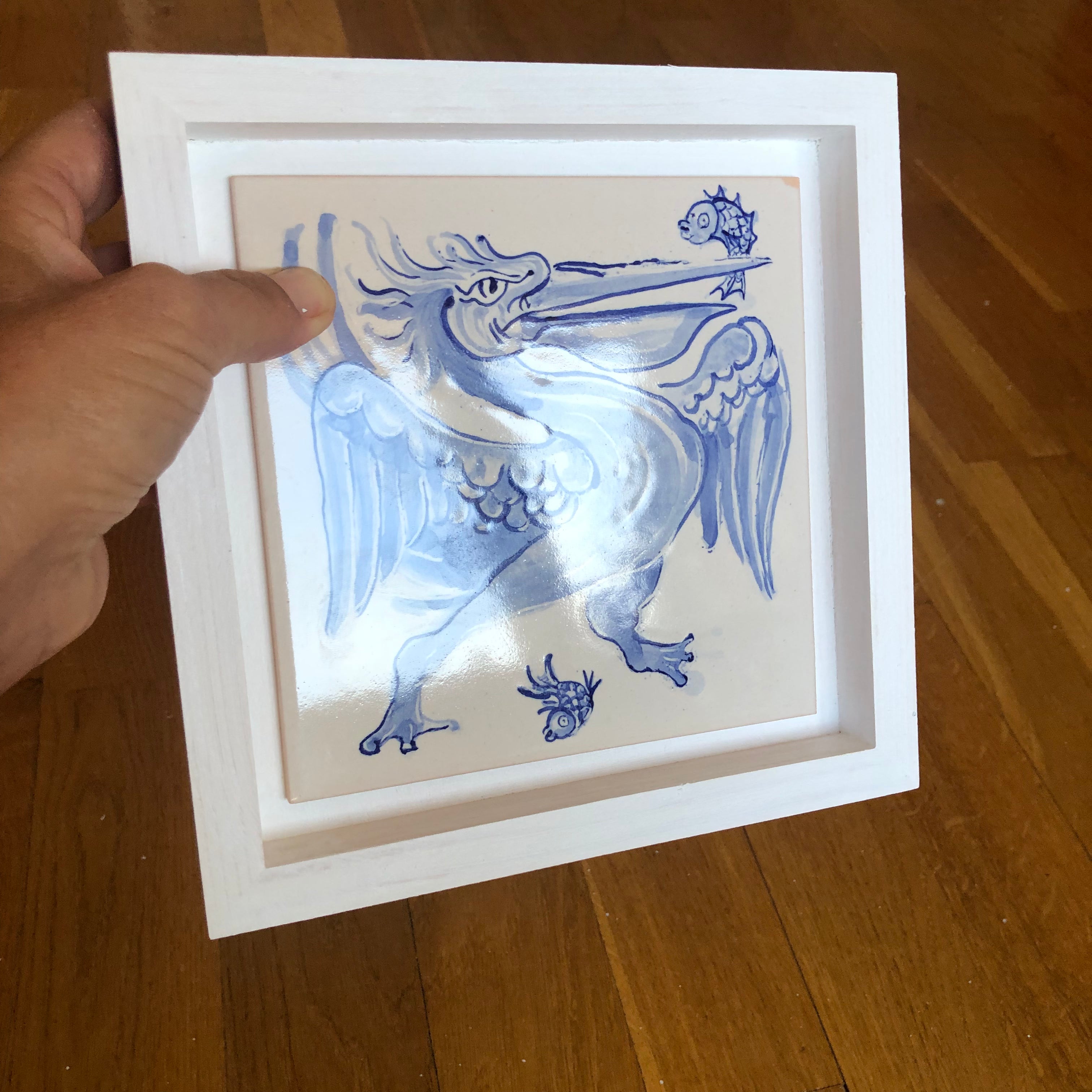 Pelican Handpainted azulejo glazed ceramic tile 15 cm x 15 cm /  Kézműves csempe