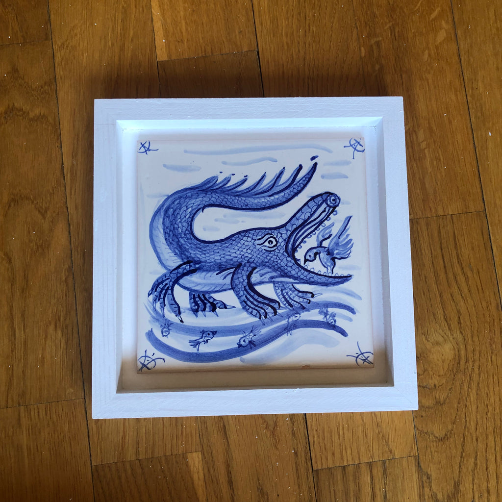 Crocodile Handpainted azulejo glazed ceramic tile 15 cm x 15 cm /  Kézműves csempe