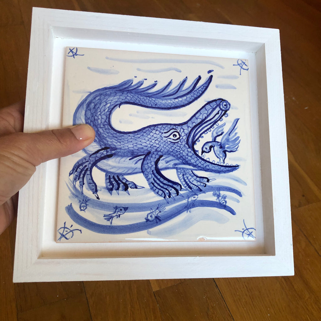 Crocodile Handpainted azulejo glazed ceramic tile 15 cm x 15 cm /  Kézműves csempe