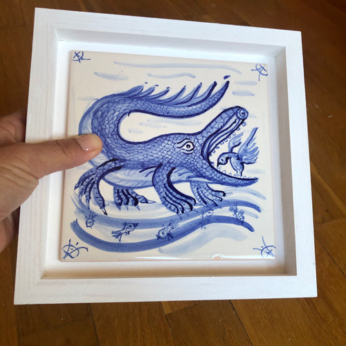 Crocodile Handpainted azulejo glazed ceramic tile 15 cm x 15 cm /  Kézműves csempe