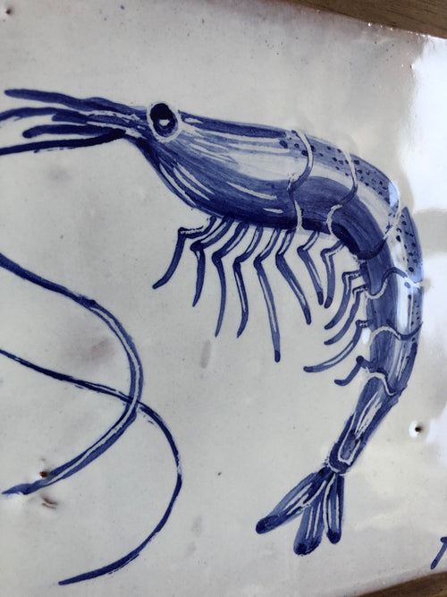 Blue shrimp illustration on a white background, azulejo portuguese